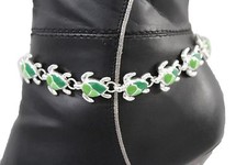 Women Silver Chain Boot Bracelet Anklet Shoe Green Turtle Charm Animal Jewelry