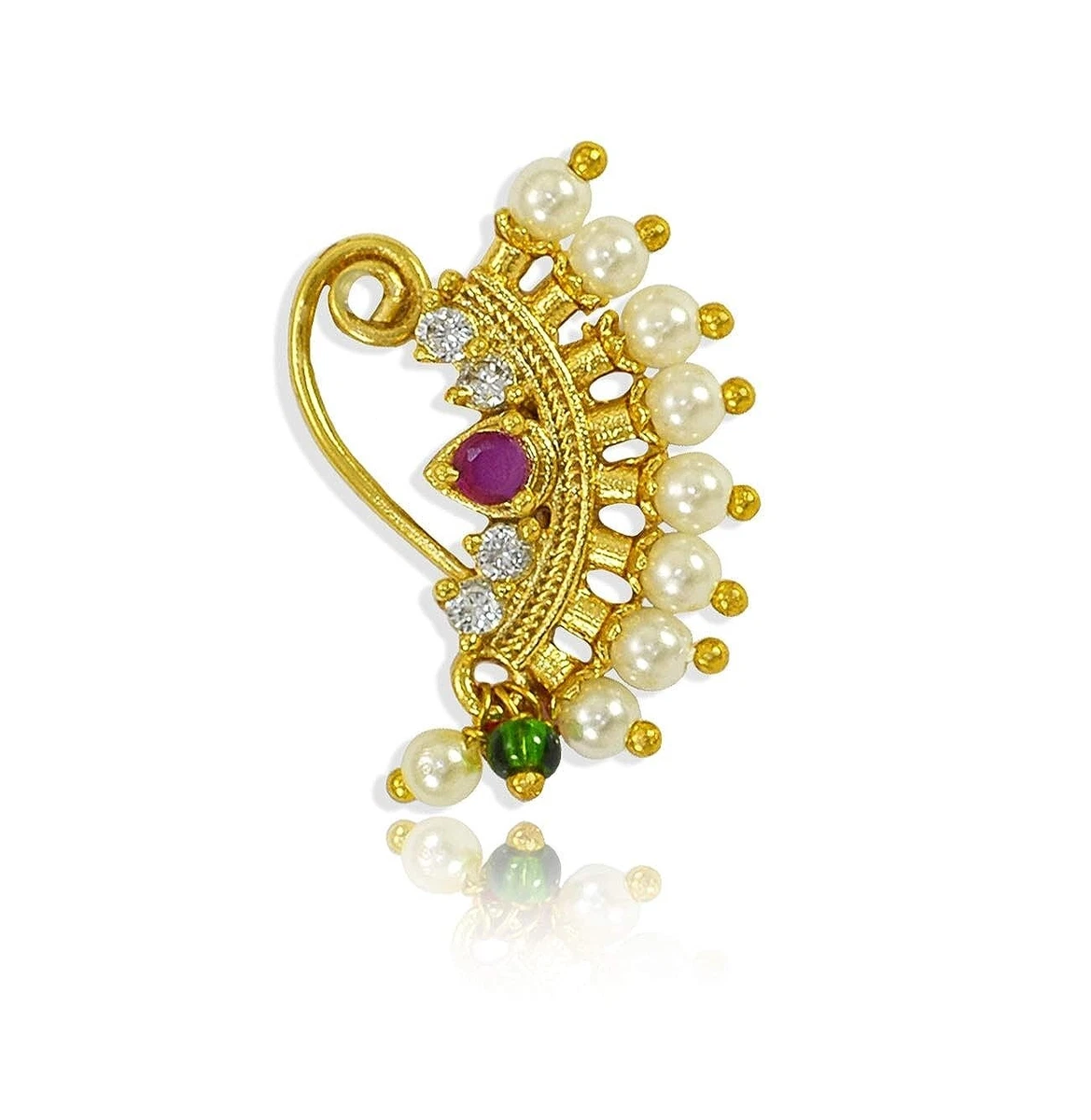 Maharashtrian Nath CZ Nose Ring Without Piercing Pearl Gold Plated