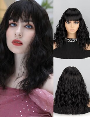 Perruque Synthétique Femme Courte Noire Lisse - 35cm Avec Frange + 4 Bonnets