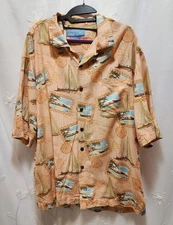 Bermuda Bay Mens XL Peach Shirt Vintage Silk Aloha Postcard Tropical Vacation