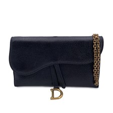 Portafoglio con catena in pelle nera Christian Dior WOC, piccola borsa Saddle