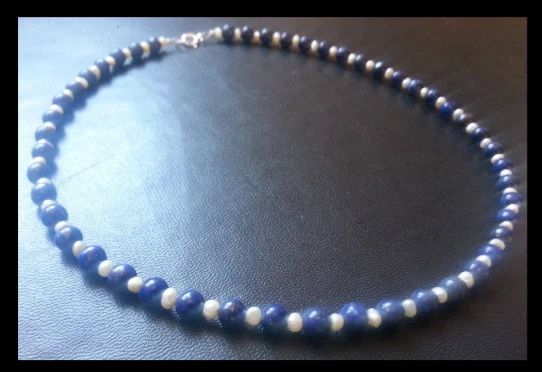 Collier lapis-lazuli, perles de culture et argent massif 925,  pierres gemmes - Photo 1/4
