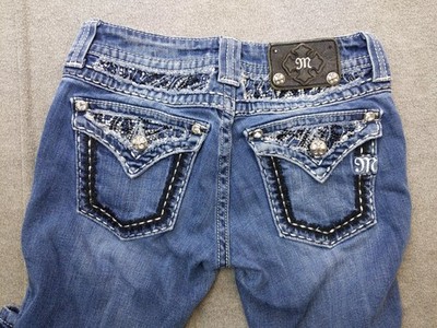 Miss Me Jeans Womens 27x33 Blue Skinny Low Rise Distressed Rhinestone