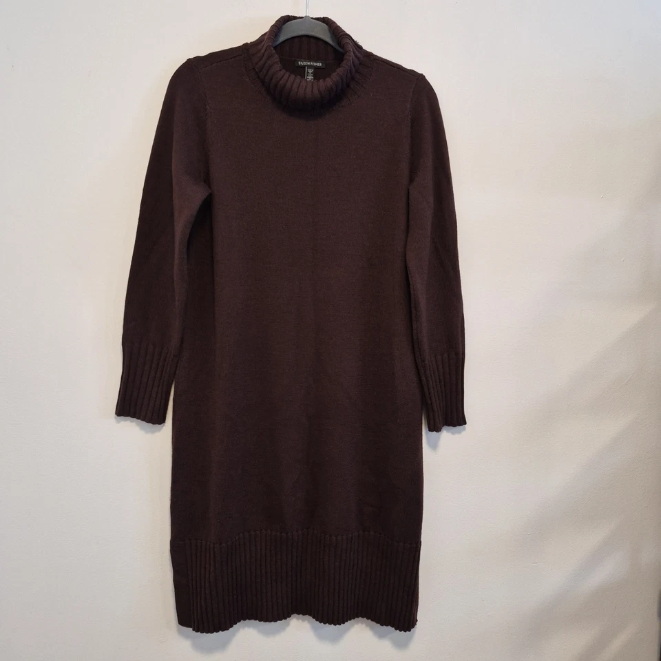 Vestido Suéter Eileen Fisher Lana Merino Cuello Alto Borgoña Marrón Midi Talla XS Foto 2 de 4