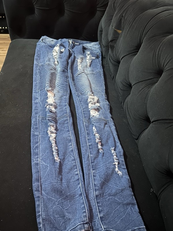 Blue Distressed Skinny Jeans Women Medium Wash Denim 5-Pocket Button Zip