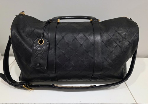 Authentic Chanel Black Quilted Lambskin Boston Duffle Bag with Strap VINTAGE 😍