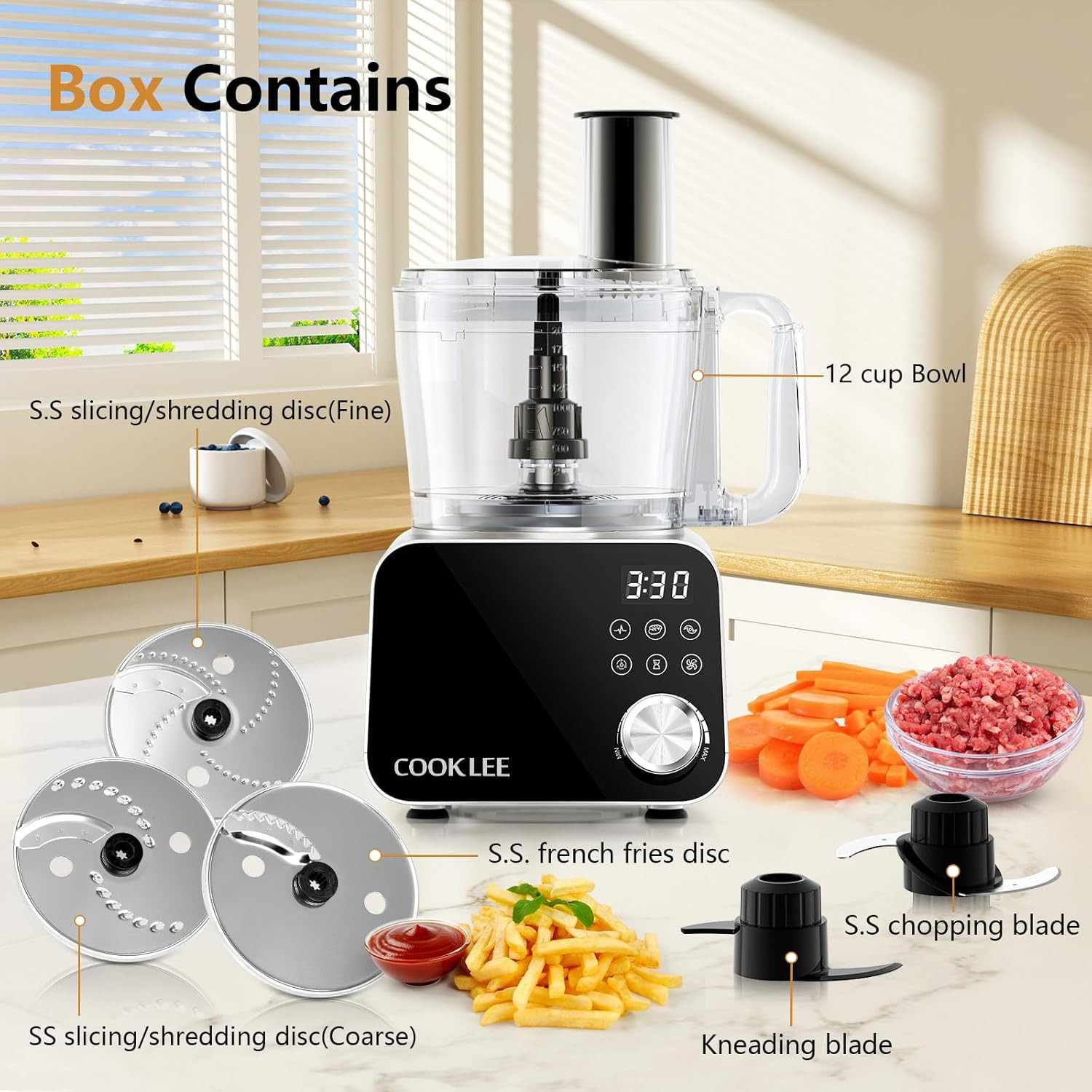 600W Electric Food Processor - 6 Functions, 12-Cup Capacity, Silver Finish