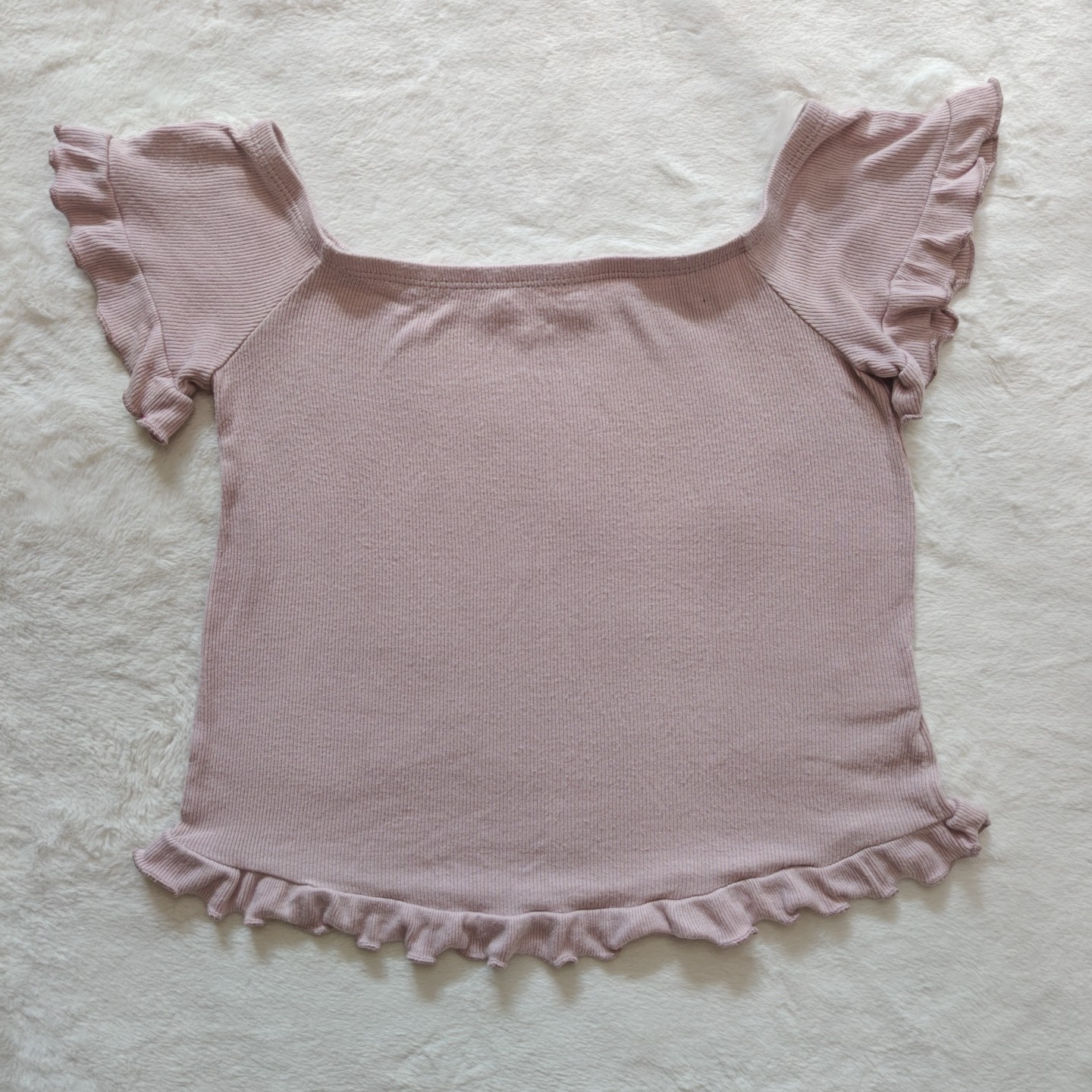 L.A Hearts Small Pink Lettuce Hem Off Shoulder Rib-knit Crop Top Short Sleeve