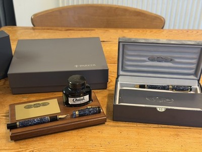 Rare 1988 Parker Duofold Centennial Blue Marble 18K Pen Set Boxed Complete