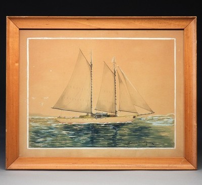 C.1950 Edward C. Hannon American Seascape Sailboat Sloop Watercolor Painting