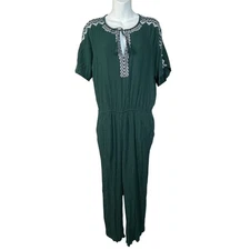 Old Navy Green Embroidered Jumpsuit Boho Tie Neck Elastic Waist Women's Size L