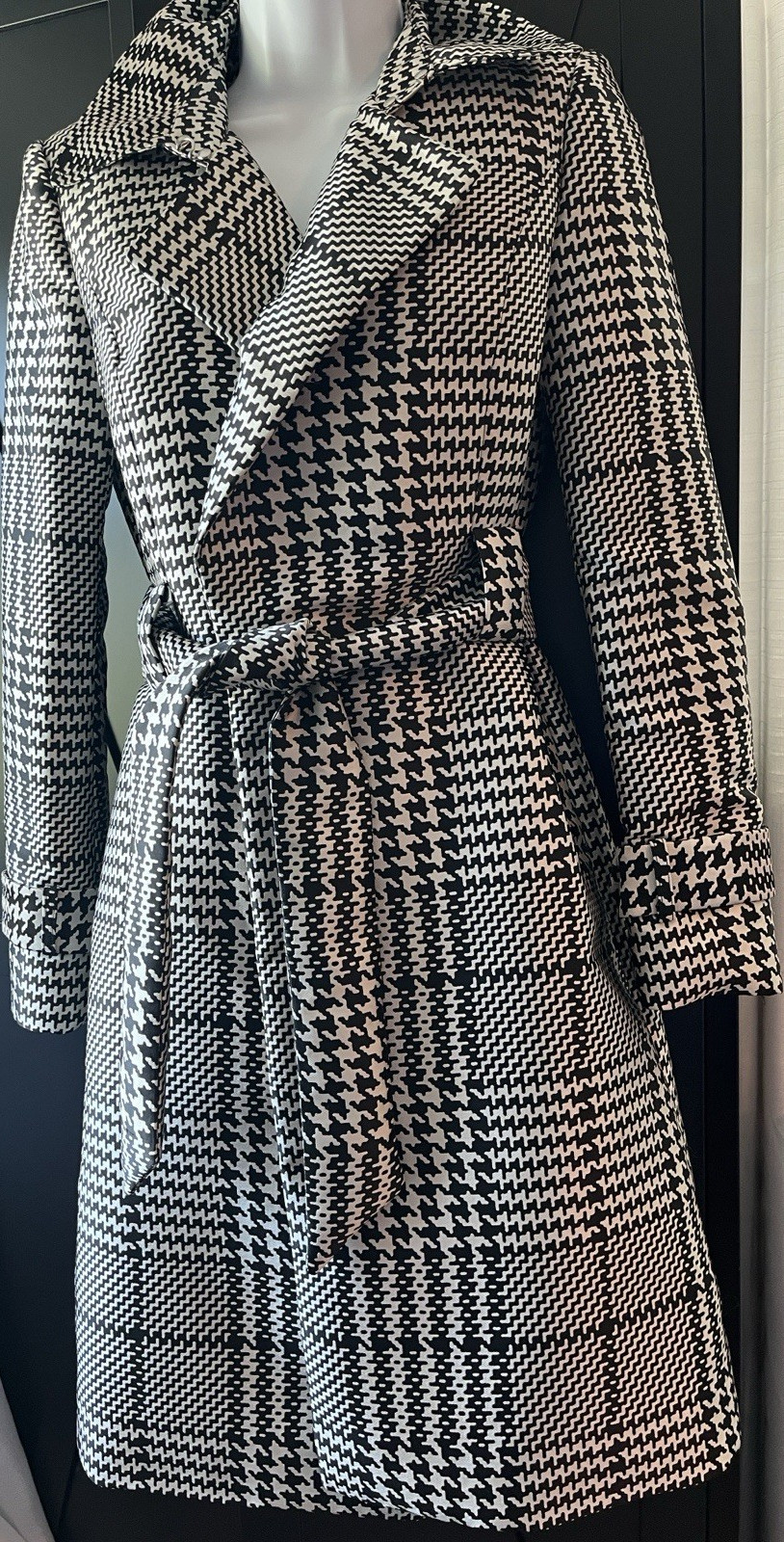 White House Black Market Houndstooth Belted Trench Coat Black White XXS Women