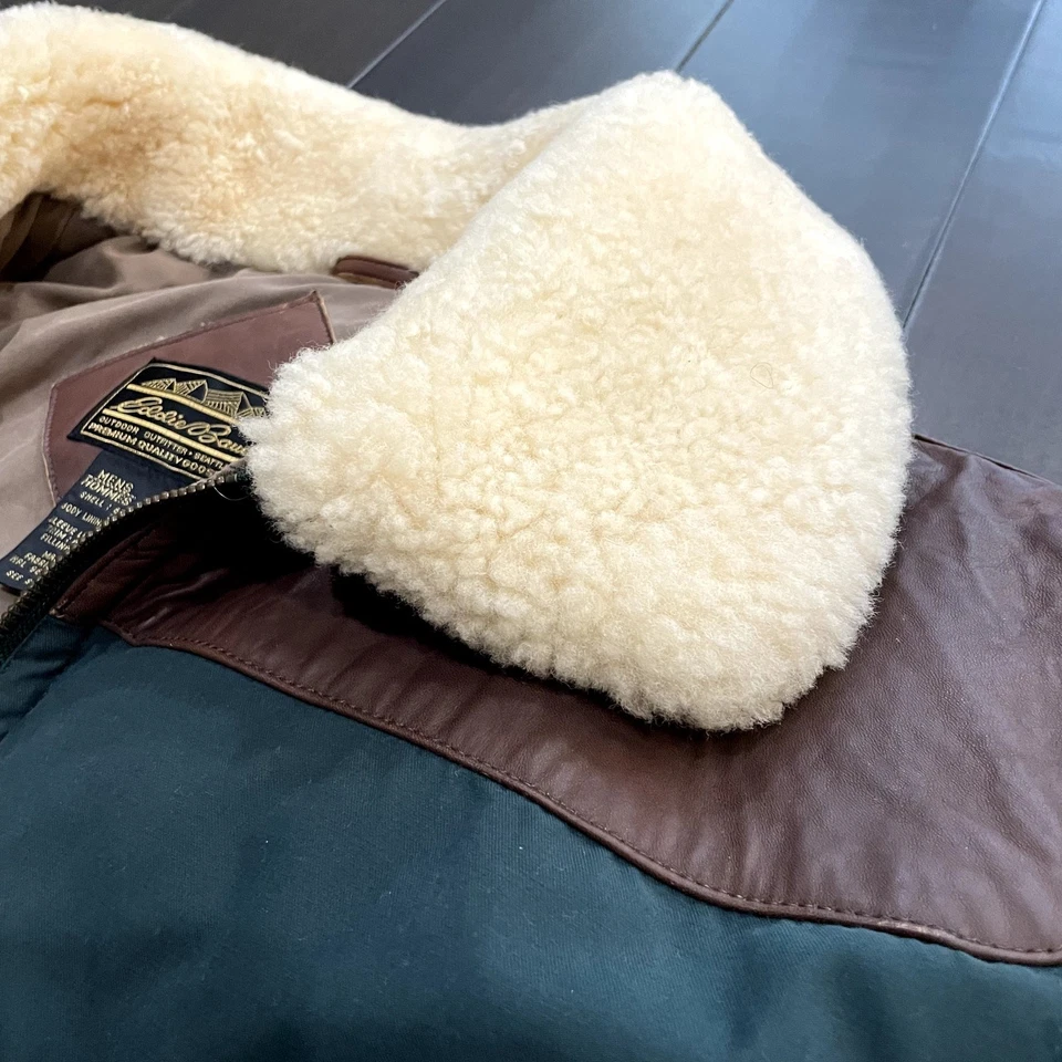 VTG 90s Eddie Bauer Goose Down Jacket Green Leather Shearling Men's Size L - Image 4 of 4