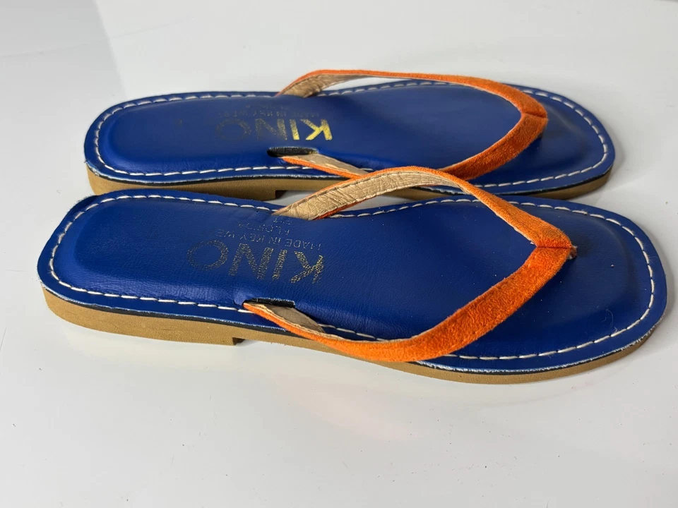 Chanclas planas de cuero con correa delgada azul naranja Key West hechas por KINO talla 6 Foto 3 de 4