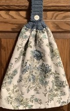 Double hanging kitchen towel blue flowers crocheted blue top