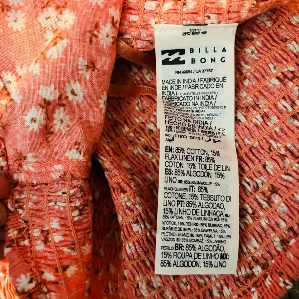 Billabong Top Large Crop Salty Blonde Shine On Smocked One Shoulder Summer - Image 3 of 4