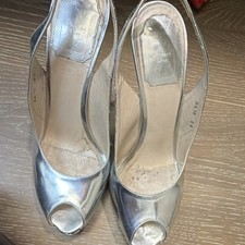 Christian Dior Silver Leather Slingback Peep Toe Stiletto Heels 37.5