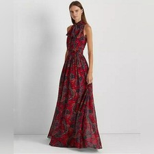 Lauren Ralph Lauren Womens Paisley Tie-Neck Georgette Gown Size 0 Bohemian HOCO