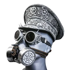 Metallic Silver Steampunk Captain Cap w/ Silver Party Gas mask & Spike Goggles