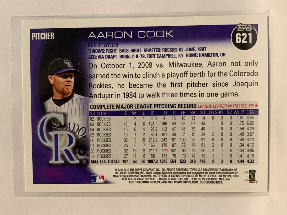 #621 Aaron Cook Colorado Rockies 2010 Topps Baseball Card - Image 2 of 2