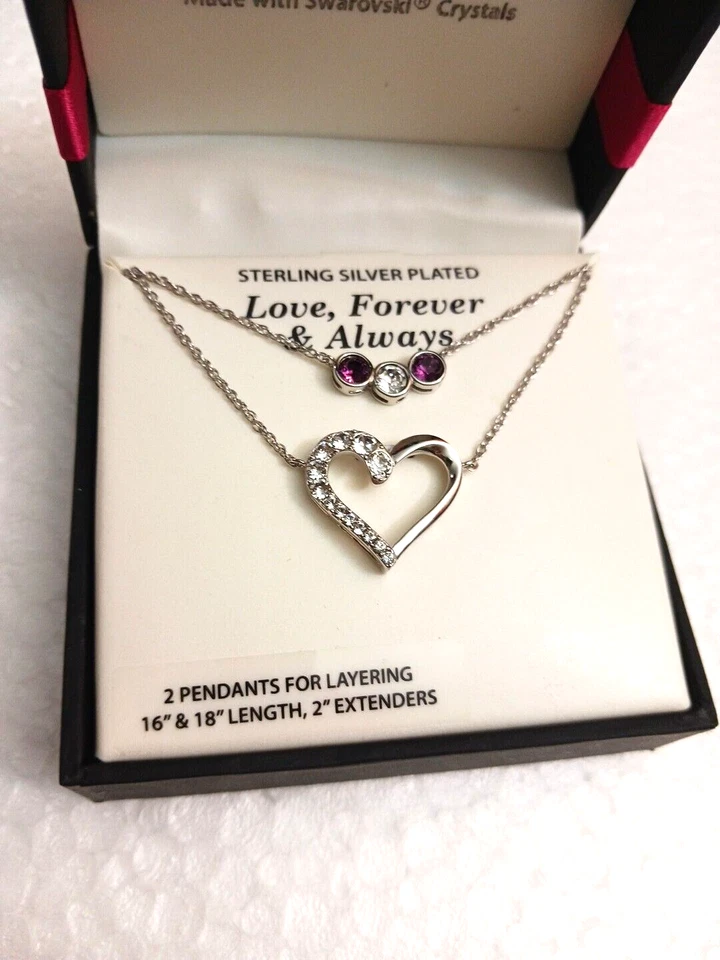 Collares colgantes chapados en plata de ley con cristales. Corazón en capas 16" + 18" Foto 2 de 4