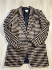 Sanyo Vintage 100% Wool Brown Navy Houndstooth Pocket Jacket Sz 12