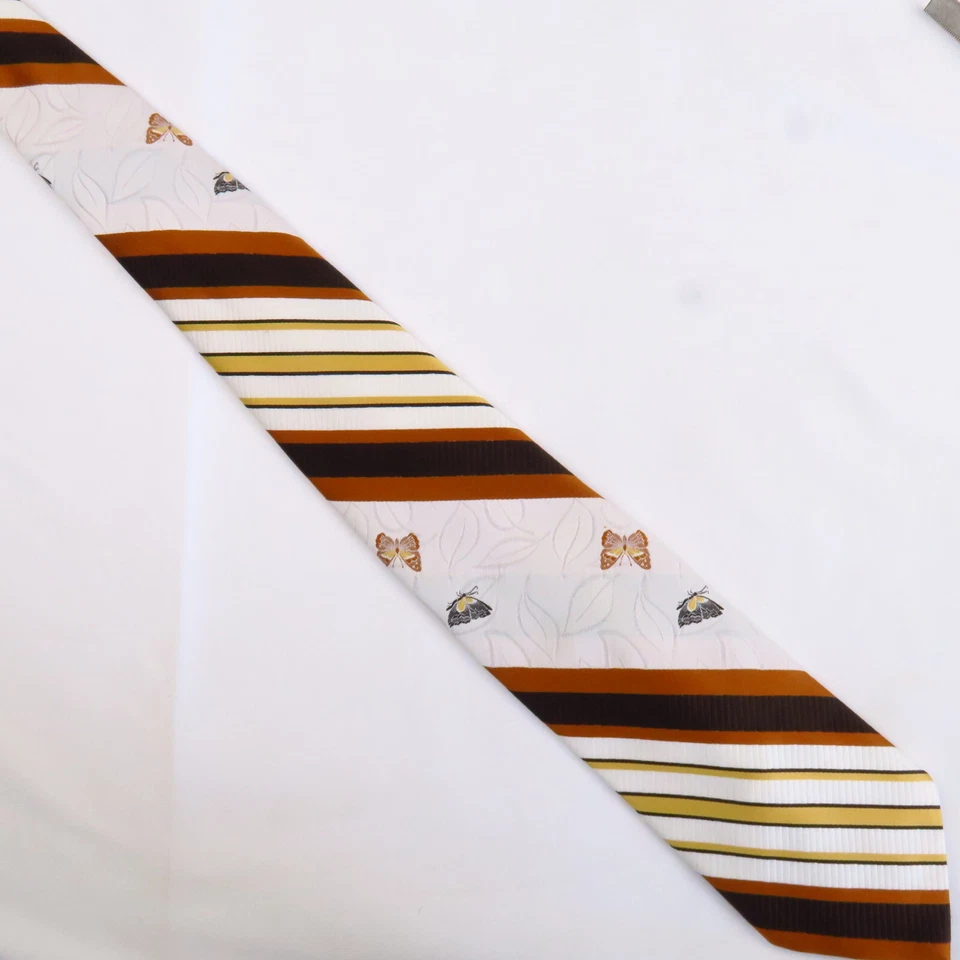 Leonardo Mens Neck Tie Striped Butterfly Print Yellow Orange Brown Retro 57x4 - Image 3 of 4