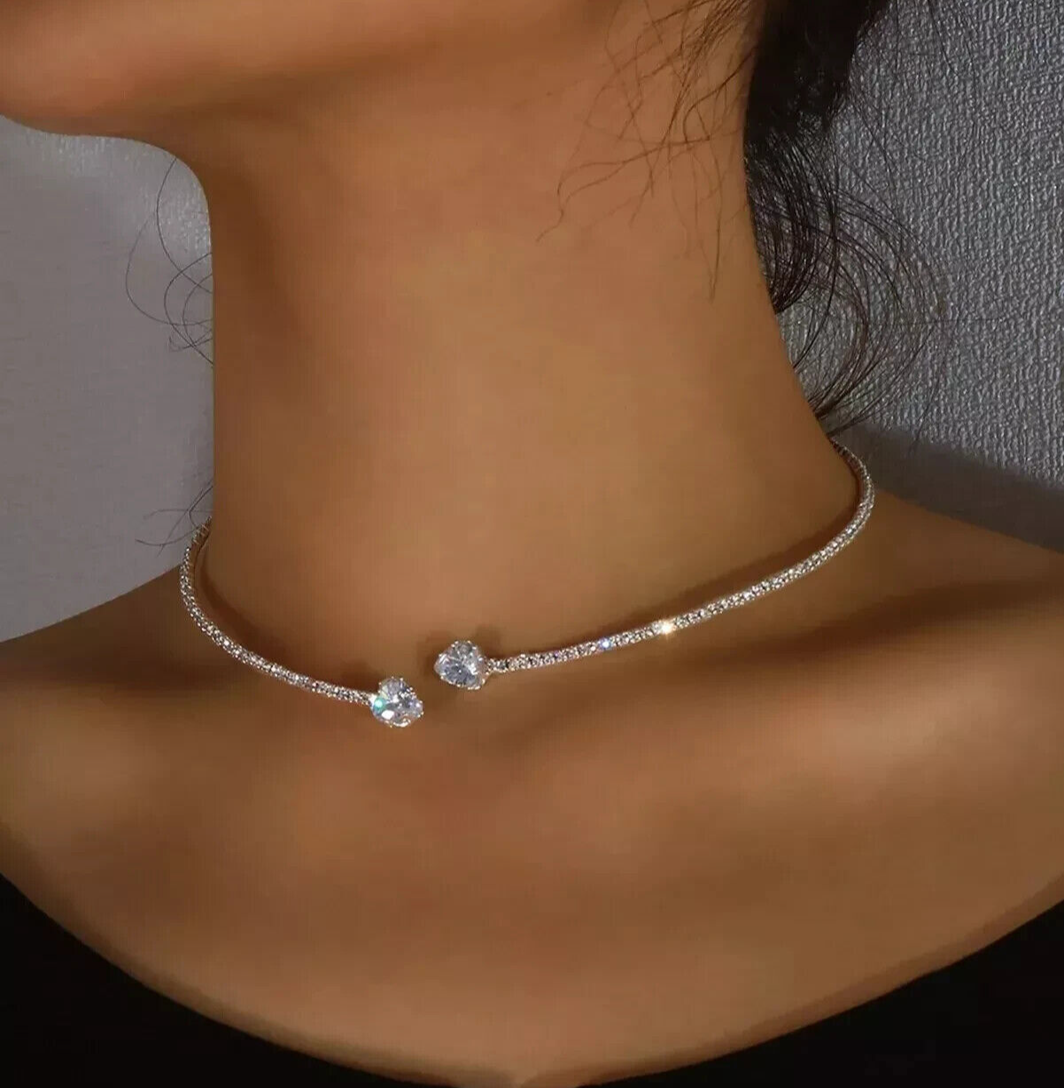 12Ct Round Lab-Created Diamond Heart Décor Choker Necklace 14K White Gold Finish