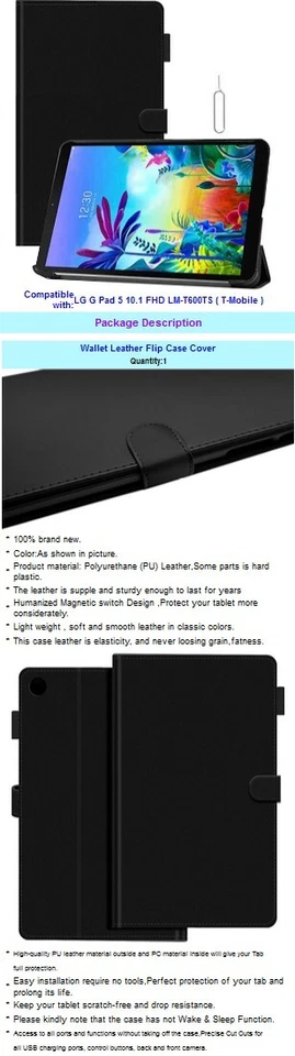 High Grade Wallet Leather Flip Case Cover for LG G Pad 5 10.1" FHD LM-T600TS USA - Image 3 of 3
