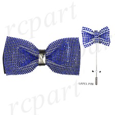 New in box Men's bowtie lapel pin 2 piece set crystal royal blue formal wedding