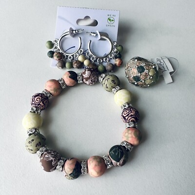 Viva Beads Handmade Clay Beads Stretchy Bracelet With Ring & Earrings Set  NWT
