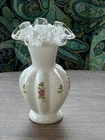 Fenton Glass Violets in the Snow Ruffled Melon Vase, Sticker Signed Patsy Hesson