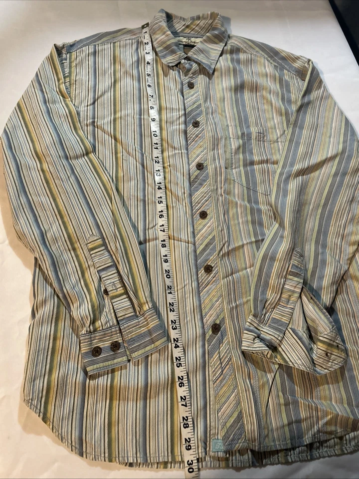 Tommy Bahama 100% Seda Vestido Camisa Abotonada Azul Amarillo Verde Rayas Talla M Foto 3 de 4