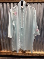 Vintage Oscar de la Renta Pink Label Satin Robe Embroidered Floral Seafoam Belt