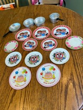 Vintage Toy Pots Pans Dishes Tin  Plastic Mickey Raggedy Anne Happy Bday 16 Pc