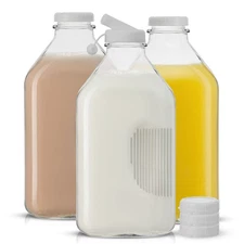 Glass Milk Bottles with Lids and Pourer – 64 Oz, 3 Pack Airtight Heavy Duty R...