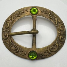 Antique Art Nouveau embossed gold tone brass green rose cut glass belt buckle