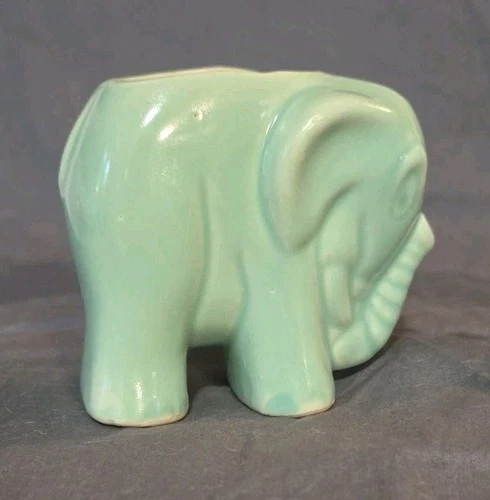Vintage McCoy Green Elephant Ceramic Glazed Pottery Planter Trunk Up 1950s