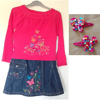 Mädchen (Debs - MW) Schmetterling rosa Top & Jeansrock mit Haarspangen - Alter 7
