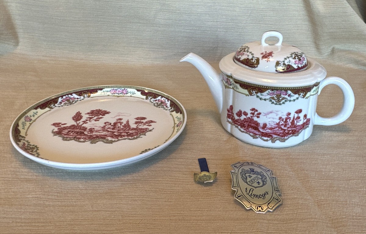 T. Limoges Depos Decorazione Esclusiva Peint A La Main Round Plate W/teapot