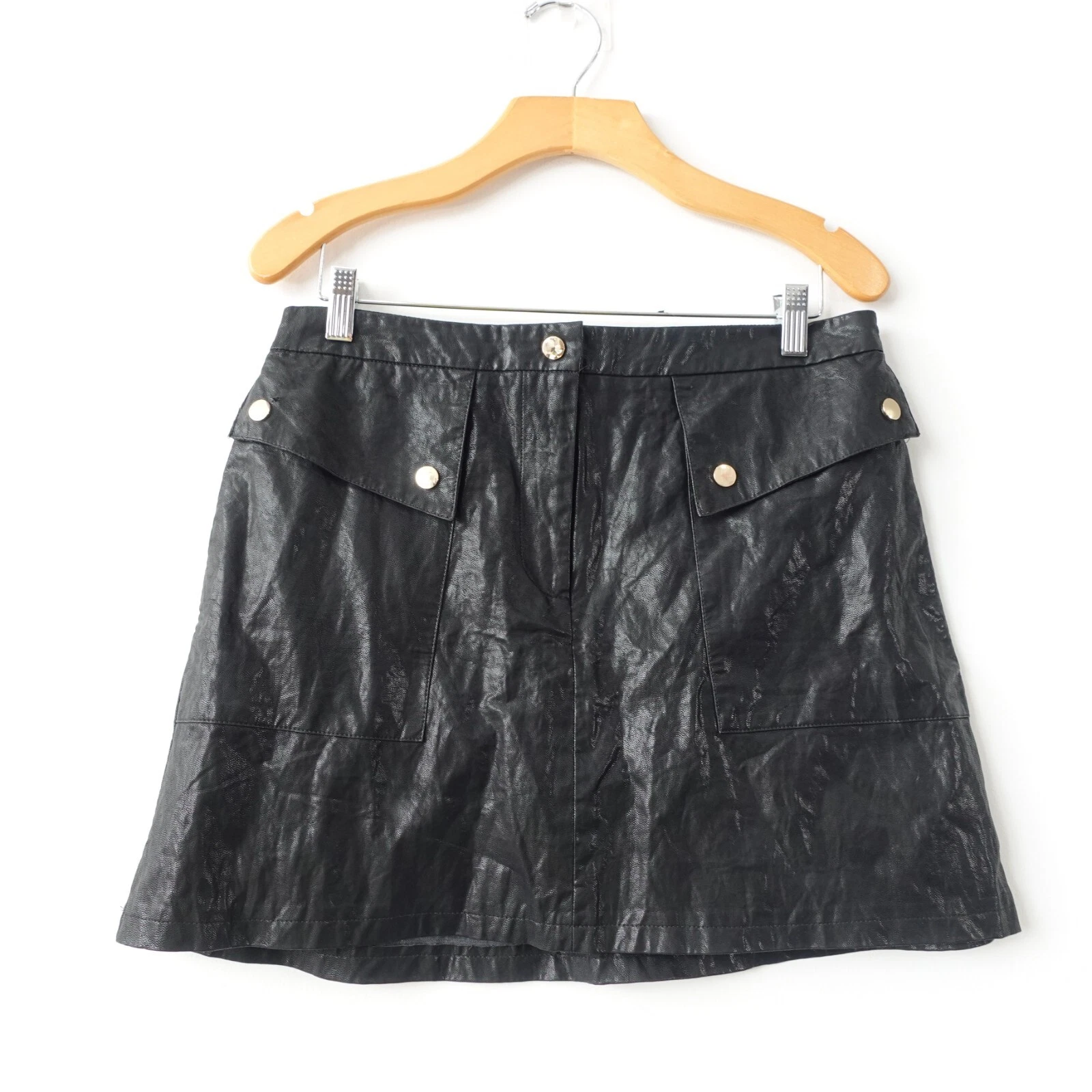 Y2K Mini Skirt Zara Womens LARGE Black Edgy Punk Rock Faux Leather Flap Pockets