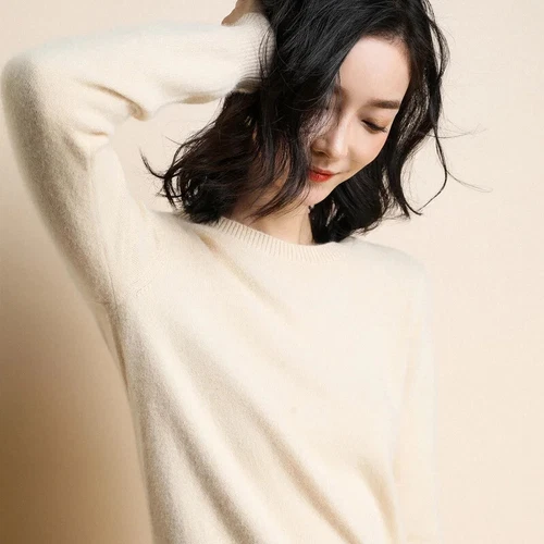 Women Wool Cashmere Sweater Knitted Pullover Slim Crew Neck Sweater Solid Jumper - Picture 9 of 39