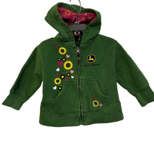John Deere Toddler 2T Jacket Coat Green Hoodie Zip Girl Tractor Flower Pockets - Picture 1 of 4
