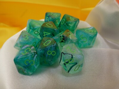 Borealis Luminary Kelp with Light Green 10D10 16mm Set of Ten D10 Dice RPG Games