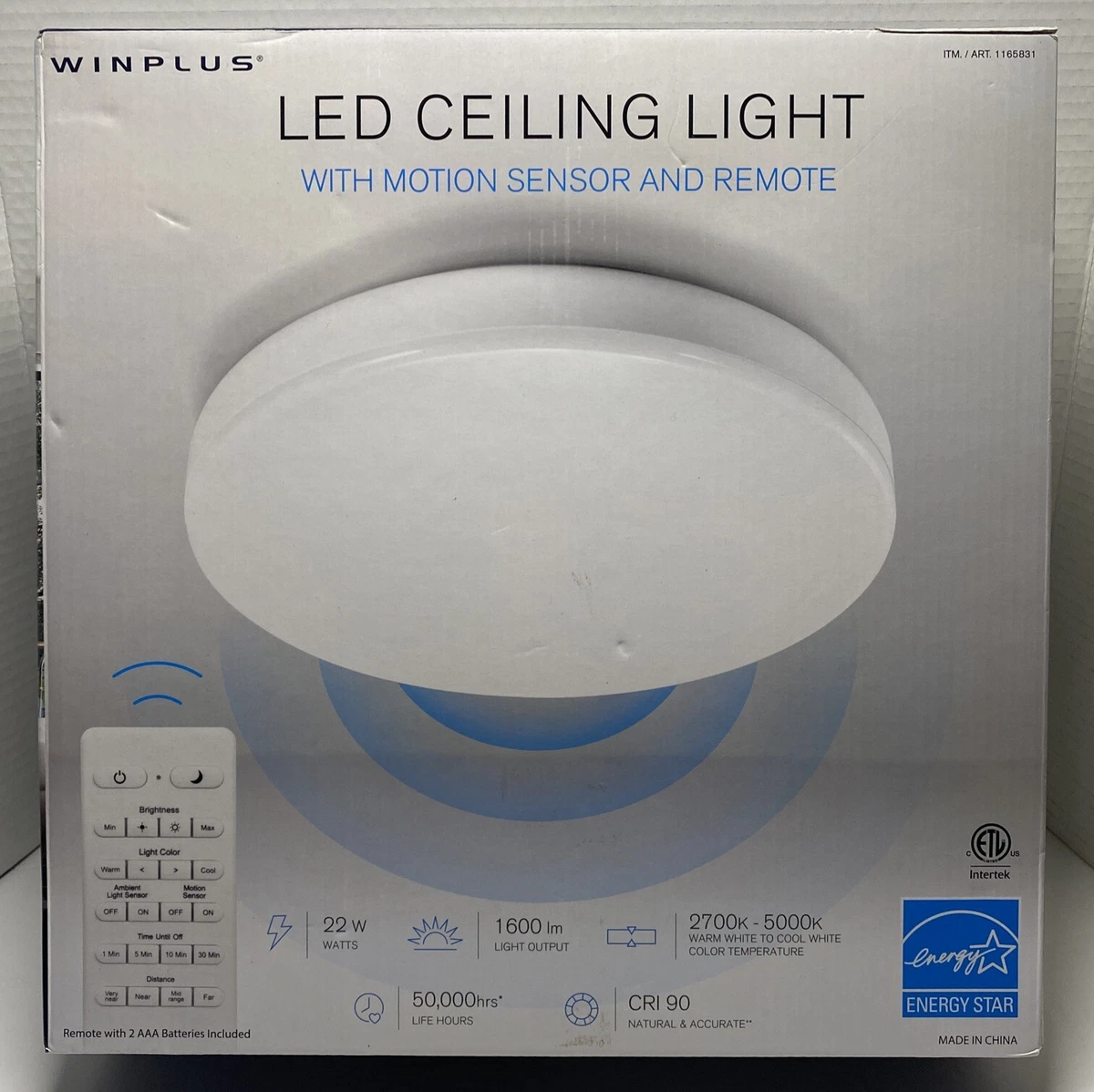 Winplus Motion Activated LED Ceiling Light with Remote Control NIB
