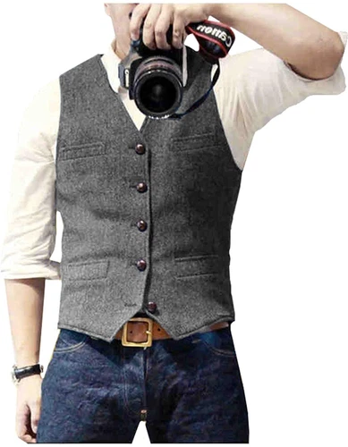 Mens Vest Herringbone Retro Vintage Tweed Waistcoat Lined Tailored Notch Lapel++ - Bild 12 von 31