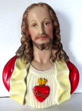 Vtg Jesus Christ Religious Wall Sculpture Hanging Sacred Heart Hand Painted 13"