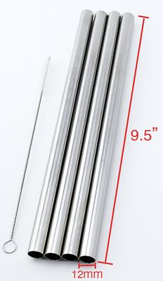 4 BOBA Straw Stainless Steel Extra Wide 1/2'' x 9.5'' Long Tapioca Pearl Bubble