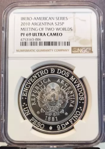 2010 ARGENTINA SILVER 25 PESOS 1881 UN PESO NGC PF 69 ULTRA CAMEO RARE COIN