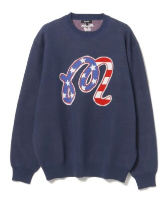 ASK availability First) BEAMS MALBON GOLF / NY logo crew neck knit
